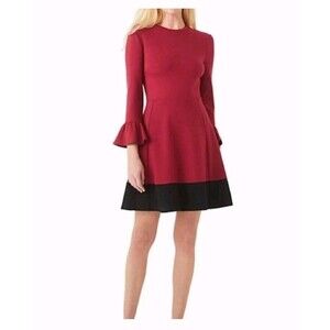 Kate Spade Dress Cranberry Red & Black Fit And Flare Bell Sleeves, Pockets M